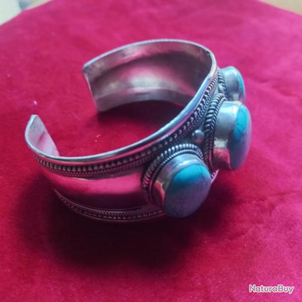 bracelet manchette en argent et turquoise