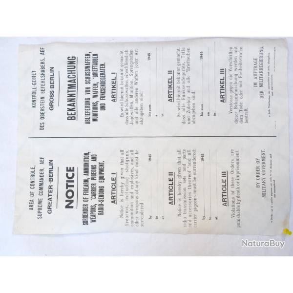 Affiche originale  US  reglementation armes Berlin 1945