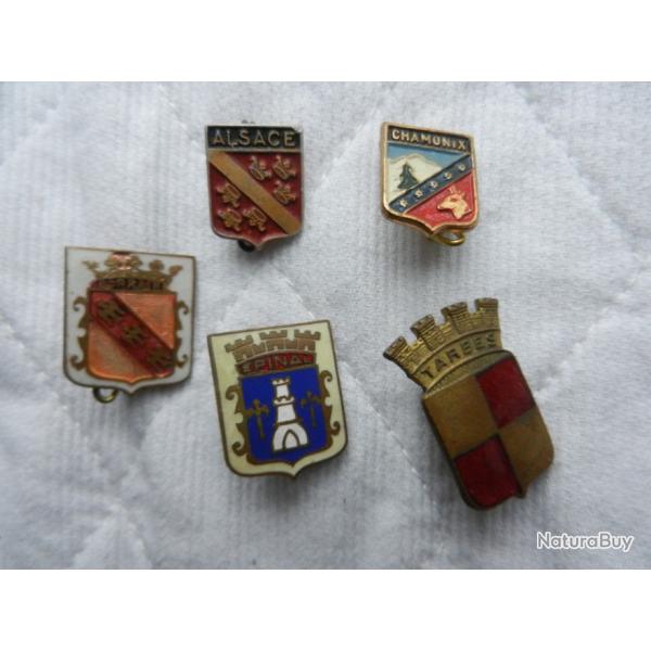 5 insignes �cus �pinglettes de villes/r�gions de France-Lorraine Alsace Epinal Tarbes Chamonix