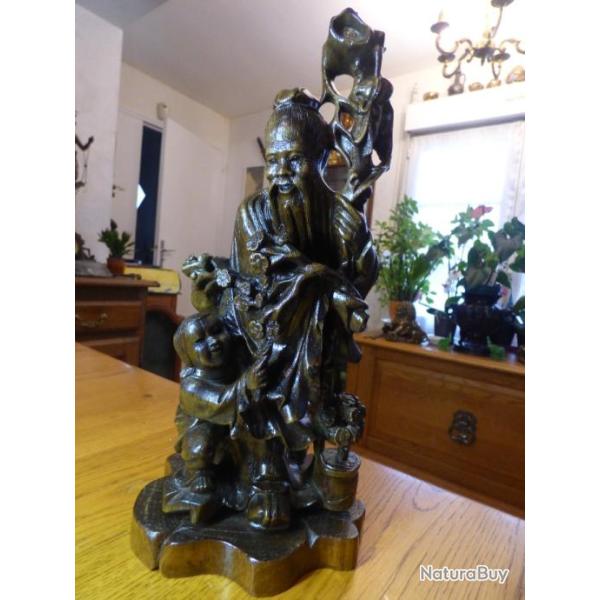 EXTRAORDINAIRE, IMPOSANTE, TRES VIEILLE STATUETTE DU DIEU DE LA LONGEVITE ACCOMPAGNE D'UNE FILLETTE