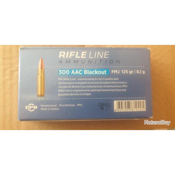 Boite de 20 cartouches neuves  300 AAC BLACKOUT FMJ 125 GrMarque PPU