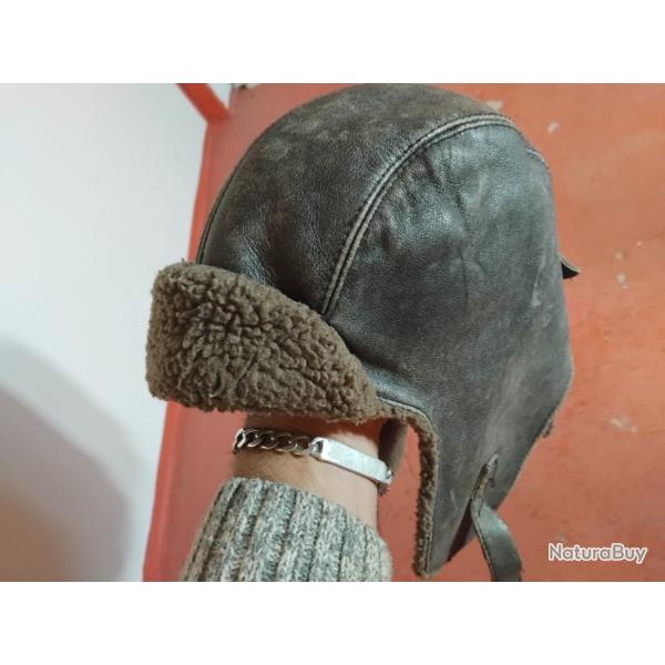bonnet, chapeau, casque de parachutiste ou tanquiste en cuir, grand froid