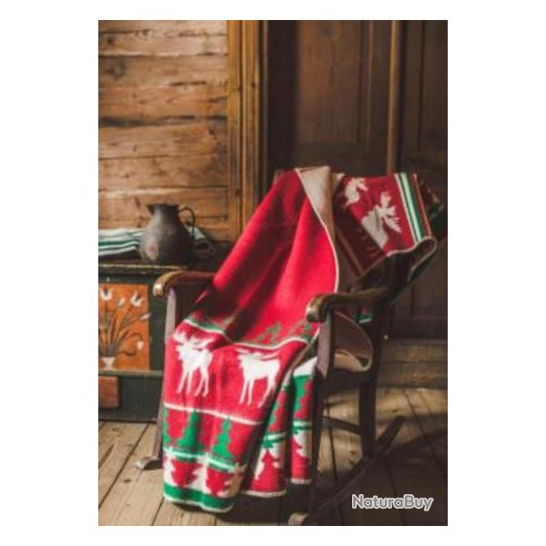Plaid pure laine vierge motifs na�fs �lans et sapins Renne rouge