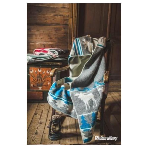 Plaid pure laine vierge motifs na�fs �lans et sapins Renne gris bleu