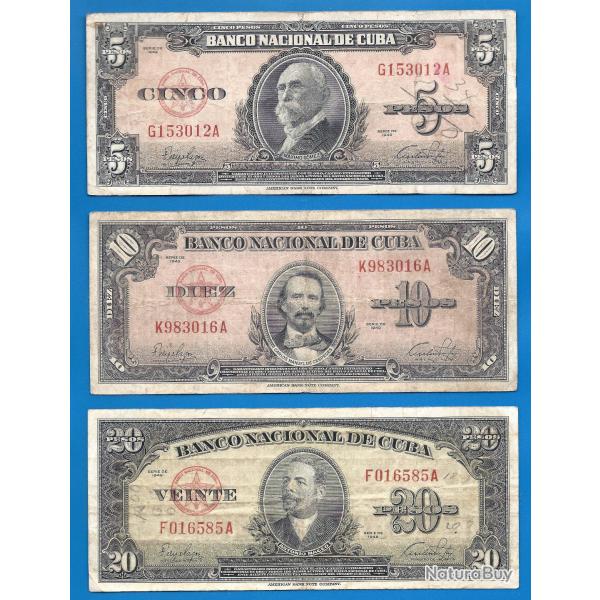 Lot Cuba 5 10 20 Pesos 1949 Peso Centavos Billets Caraibe Amerique