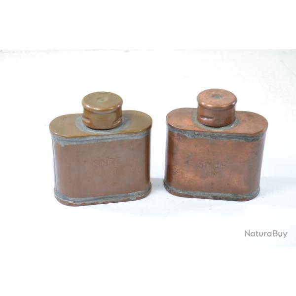 Lot deux flacons bidons en cuivre SNCF colle ou diluant. Ann�es 1940 - 1950. Chemins de fer