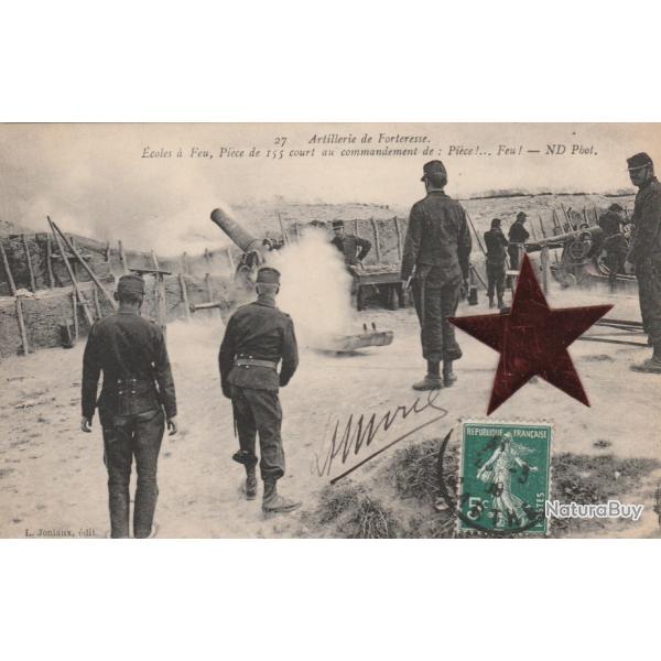 CPA  -Artillerie de Forteresse - Ecoles � Feu, Pi�ce de 155 court au commandement de: Pi�ce!.  N�690