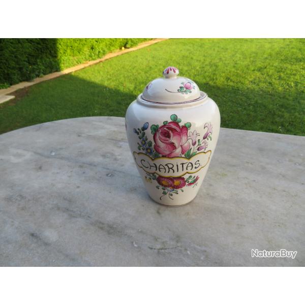 Ancien pot d'apothicaire "CHARITAS" en faience de DESVRES � d�cor STRASBOURG - FRANCE (D�but XX� )
