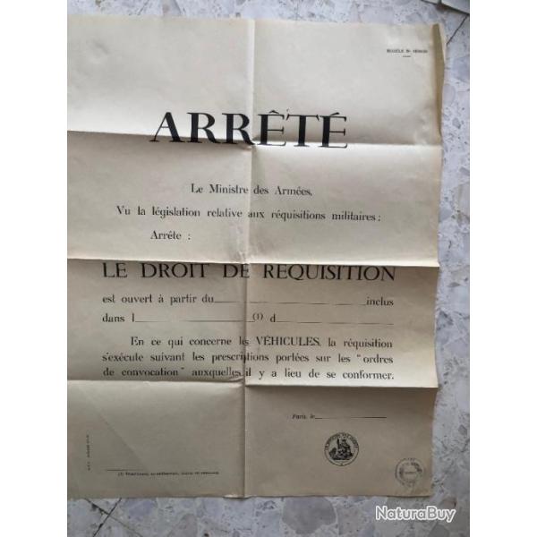 AFFICHE 1960 : ARRETE DROIT REQUISITION VEHICULES, cachet Ministre des ARMEES et Mairie SERVIES Aude