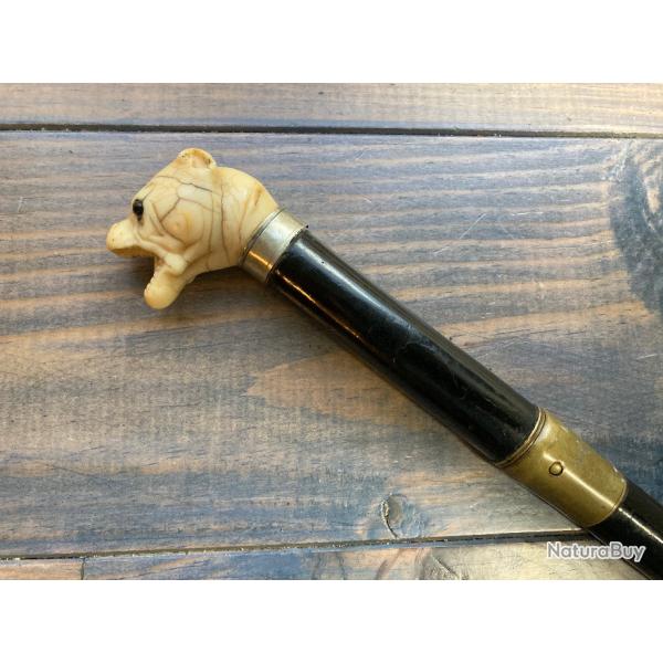 ANCIENNE CANNE PEE XIX "TETE DE CHIEN BOULEDOGUE / YEUX EN SULFURE + BELLE LAME" STYLE APACHE PARIS