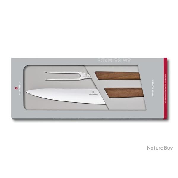 BEL2238 COFFRET A DECOUPER  PIECES VICTORINOX (couteau chef+fourchette a decouper) MANCHE NOYER NEUF
