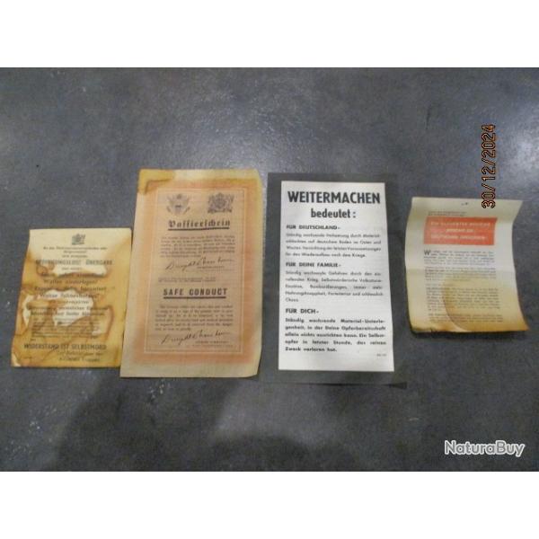 Lot de 4 Safe Conduct ( sauf-conduits ) diff�rents de seconde guerre mondiale. Originaux !!!