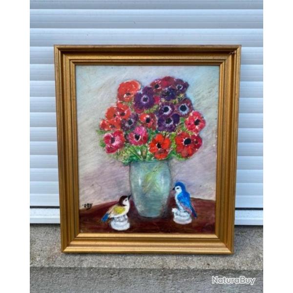 Tableau peinture cadre nature fleurs oiseau vintage