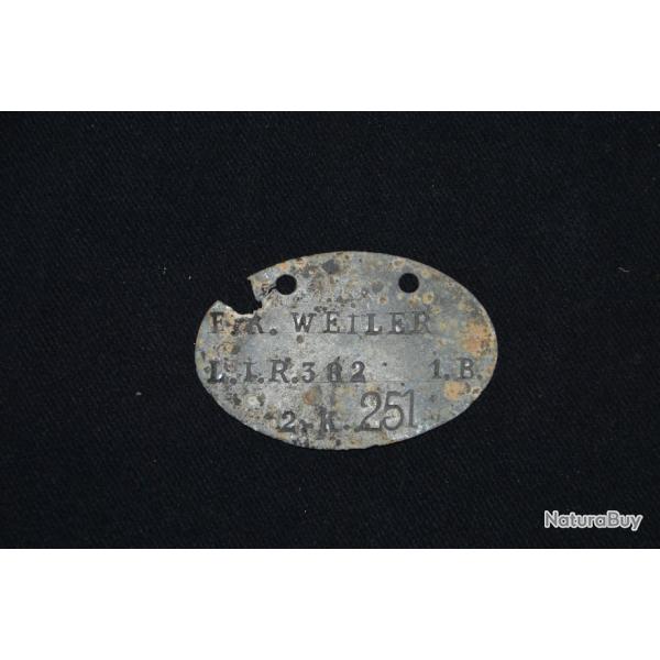 PLAQUE D'IDENTITE ALLEMANDE Mle1878-E/R  WEILLER L.I.R. 382. 1.B.2.K.251-1�WW-GUERRE 1914/1918