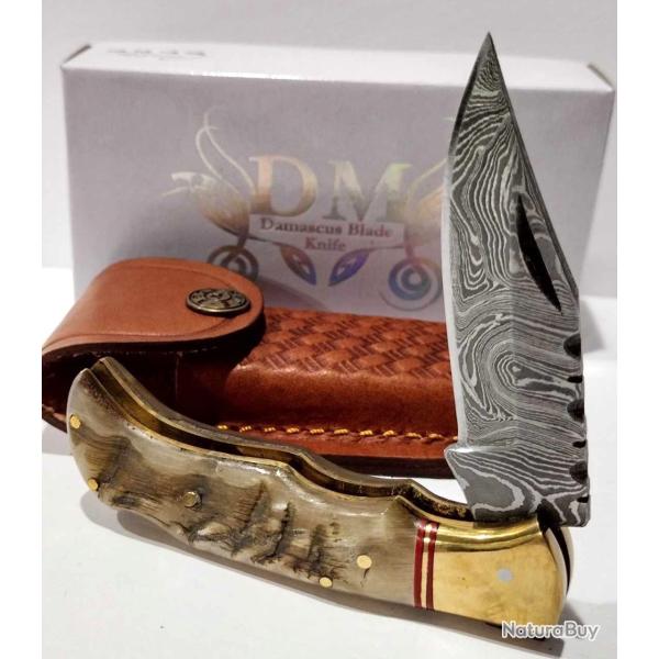 Couteau de Chasse Damas Pliant Lame Damas Manche Corne de B�lier �tui Cuir DM1385