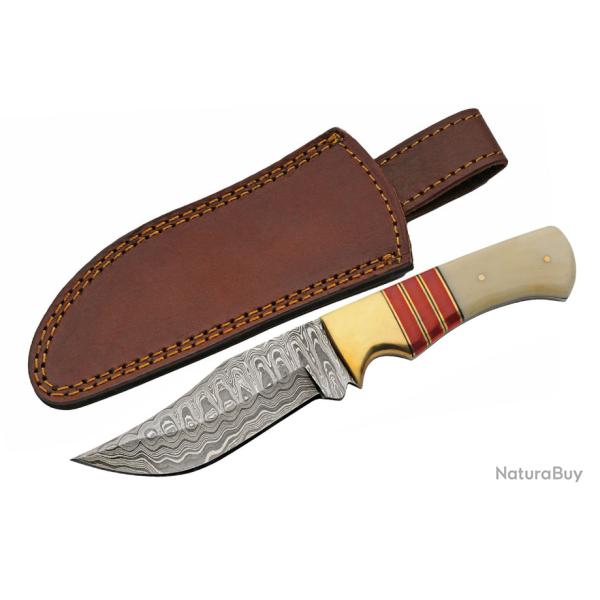 Couteau � Lame Fixe Damas Admiral 256 Couches Manche Os �tui Cuir DM1394RD