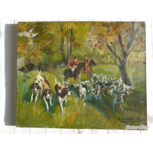 HUILE SUR TOILE CHASSE A COURRE VENERIE CHIENS CAVALERS CHEVAUX