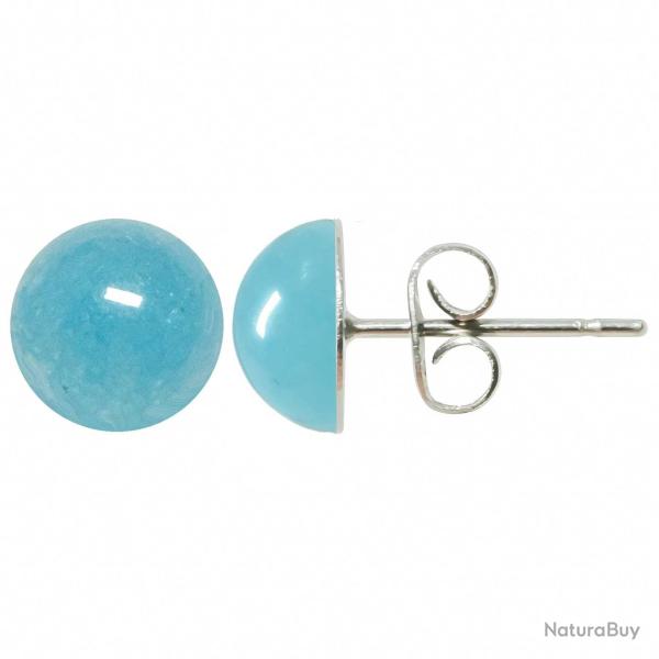 Boucles d'oreilles puces avec cabochon rond en jade teint� bleu