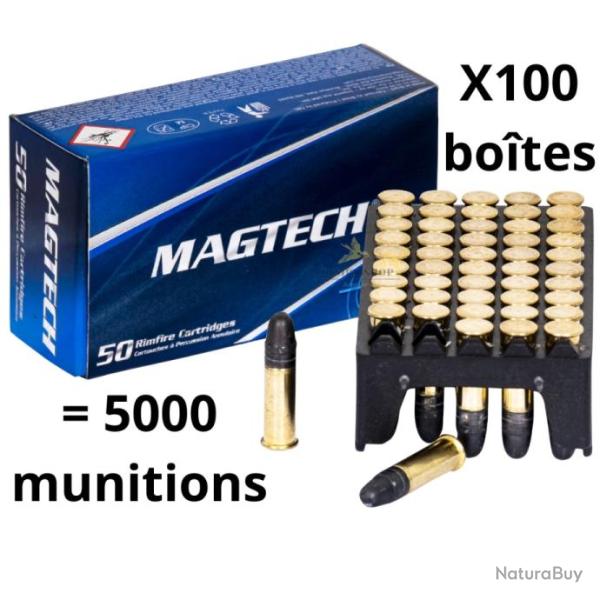 Lot 100 bo�tes de 50 balles cal.22 long rifle 40 grains � t�te ronde - Magtech