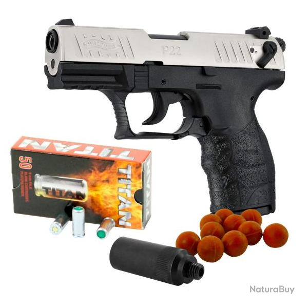 Pack d�fense "PISTOLET WALTHER P22Q" CALIBRE 9MM PAK + MUNITIONS - NICKELE