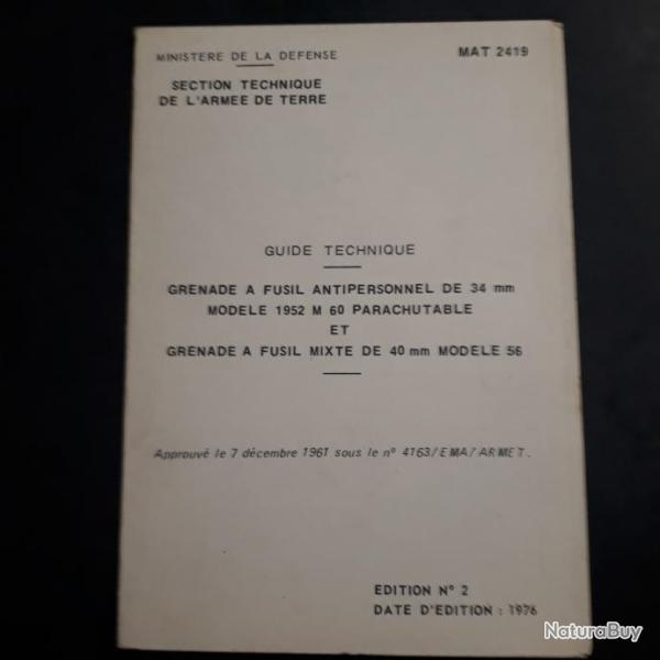 document technique original  MAT 2419 sur les grenades � fusil