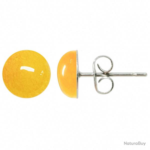 Boucles d'oreilles puces avec cabochon rond en jade teint� jaune