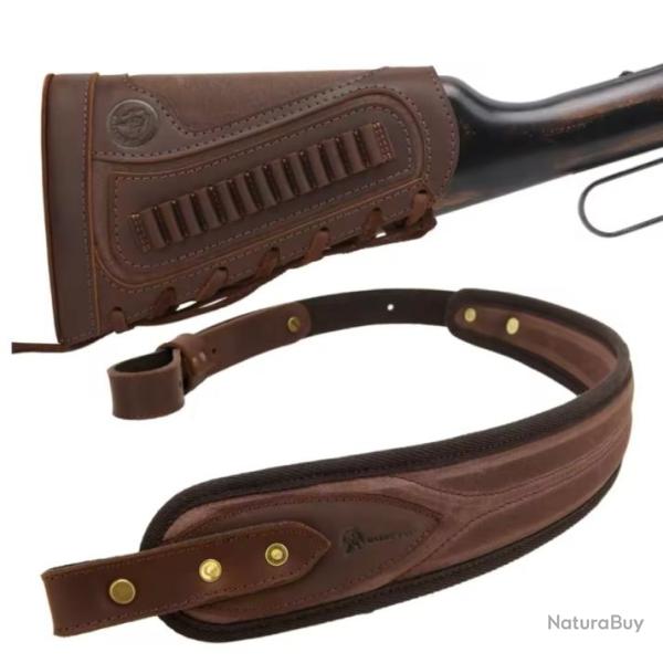 Lot Sangle cuir marron + buttstock support de crosse 22lr et �quivalent