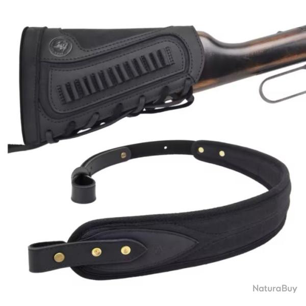 Lot Sangle cuir noir + buttstock support de crosse 22lr et �quivalent