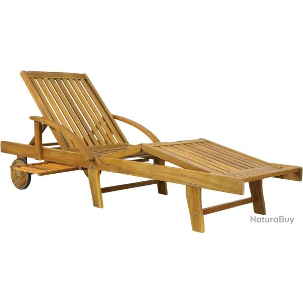 Chaise Longue Bois d'Acacia 200cm - Transat avec Roues - Meuble Couchage - Ext�rieur Jardin Terrasse