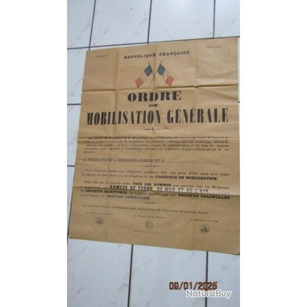 rare affiche MOBILISATION GENERALE 1939  d�claration seconde guerre ww2 France