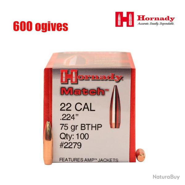 Bo�te de 600 Ogives Hornady .22 (.224) 75gr BTHP - R�f�rence 22796