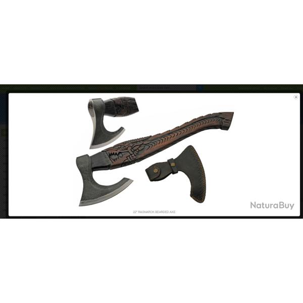 Hache Viking Rite Edge Ragnarok Lame Forg�e Acier Manche Bois Fr�ne Sculpt� �tui Cuir PA882476