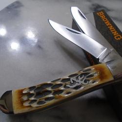 Couteau Browning Trapper Lames Clip et Spey Acier Inox Manche Os Jigged Naturel BR0551B