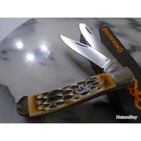 Couteau Browning Trapper Lames Clip et Spey Acier Inox Manche Os Jigged Naturel BR0551B