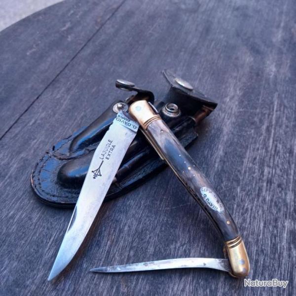 Ancien LAGUIOLE EXTRA G.DAVID Manche en Corne �tui en Cuir Aiguiseur