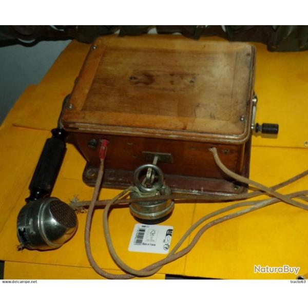 TELEPHONE EN BOIS MODELE 1910 AVEC COMBINE DE TELEPHONE MODELE 1910 DE 1948 , ECOUTEUR + MANIVELLE