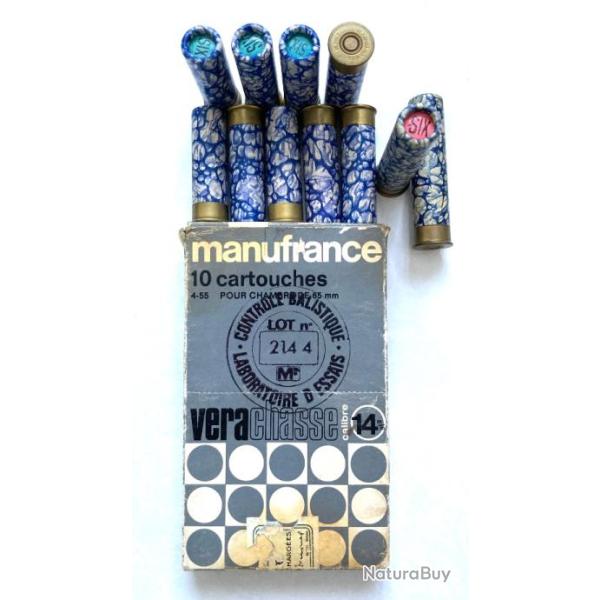 Bo�te 11 cartouches MANUFRANCE marbr�es bleues canne fusil en 14 mm / 50 mm et 14 mm 65 mm, pb n� 6.