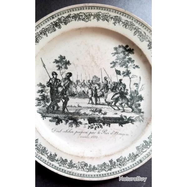 Assiette parlante Faience de Creil d�but 19�me. Duel de 1283 du Prince d'Aragon