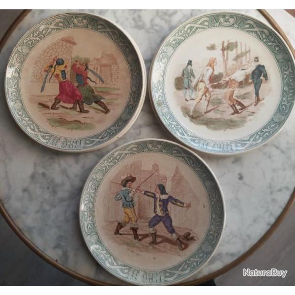 5 Assiettes parlantes plates sur le duel - Terre de fer Creil Montereau