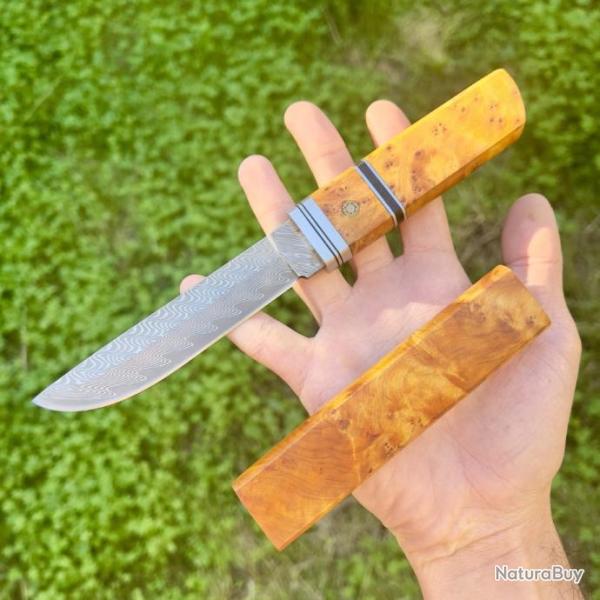 Couteau lame fixe acier damas style japonais avec �tui int�gral bois stabilis�#263