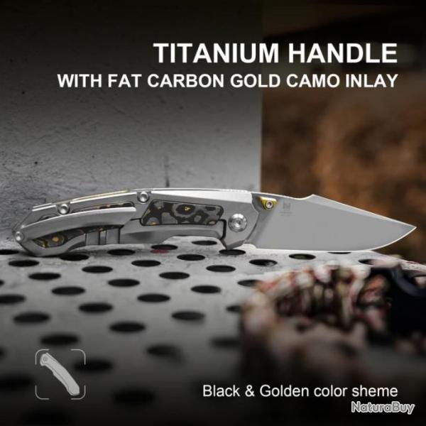 Couteau Pliant Kizer Feweed Lame Acier Z-Wear PM Manche Titane/FatCarbon Or FrameLock Clip Ki3694A4