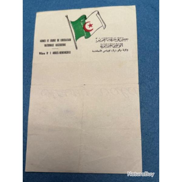 RARE PAPIER VIERGE  A ENT�TE DU F L N  GUERRE D'ALG�RIE  1950 / 1962