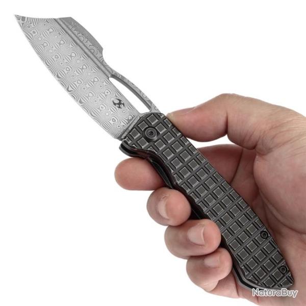 Couteau Kansept Cybin Lame Cleaver Acier Damas Manche Titane Blk Frag Frame Lock Clip K1080A2