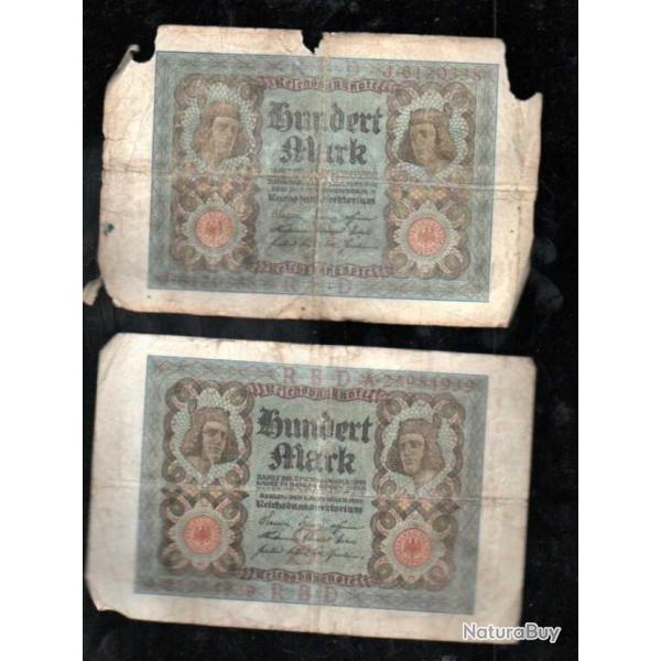 reichsbanknote , 2 billets de 100 mark ann�es 20 bien v�cus , weimar