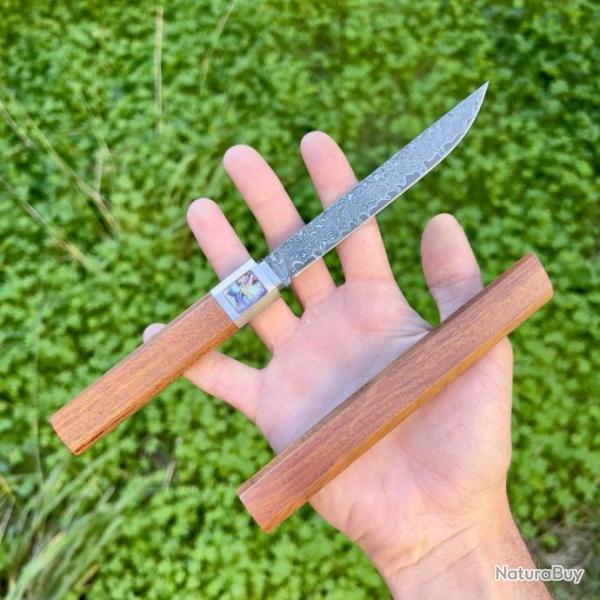 Couteau lame fixe acier damas style japonais insert nacre �tui int�gral bois #265