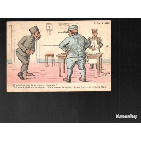 troupes coloniales carte humoristique � la visite , p�re cent en m�me temps !! cpa du 3e r.t.a.