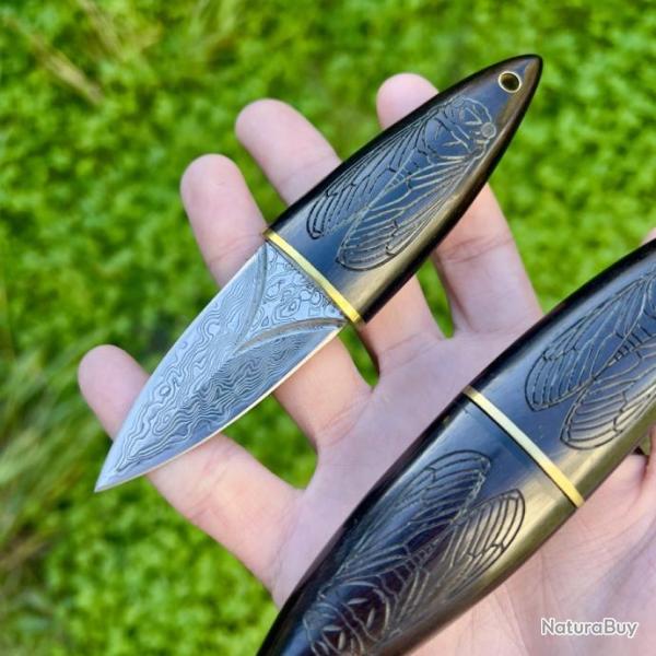 petite dague damas style japonais cicada �tui bois d'�b�ne collection #267