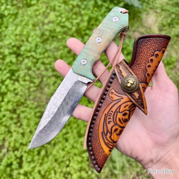 couteau lame fixe acier damas manche bois stabilis� avec son �tui #271