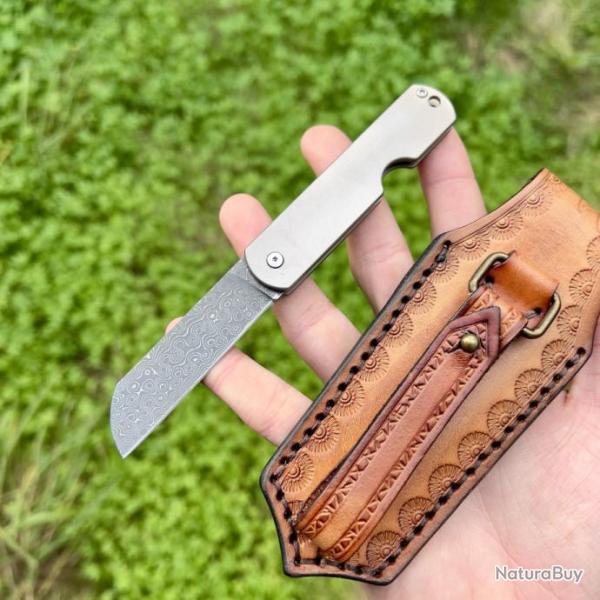 Petit couteau pliant acier damas goutte d'eau avec �tui style japonais #277