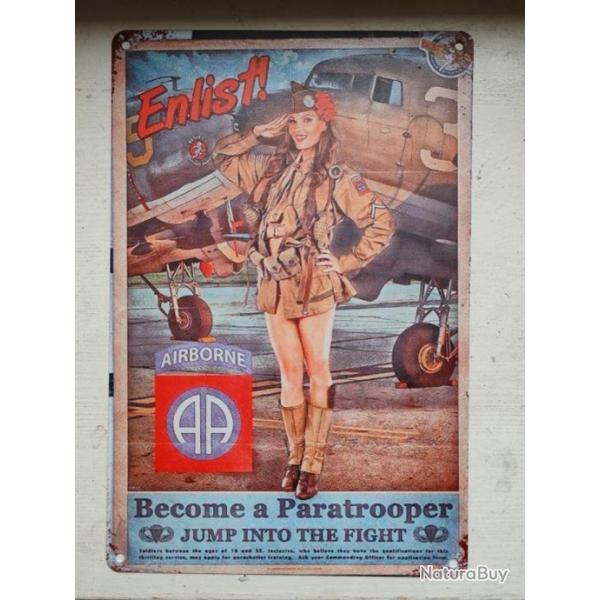 PLAQUE M�TAL VINTAGE "BECOME A PARATROOPER,82 EME AIRBORNE"